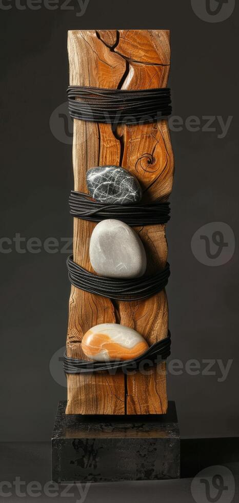 An artistic sculpture is created by combining stones and wooden blocks to display a mix of natural elements and craftsmanship, reflecting a modern art style with a variety of textures. Phone wallpaper photo