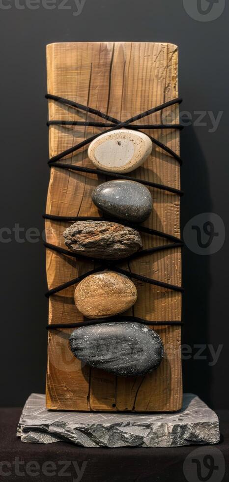 An artistic sculpture is created by combining stones and wooden blocks to display a mix of natural elements and craftsmanship, reflecting a modern art style with a variety of textures. Phone wallpaper photo