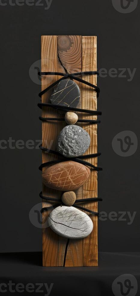 An artistic sculpture is created by combining stones and wooden blocks to display a mix of natural elements and craftsmanship, reflecting a modern art style with a variety of textures. Phone wallpaper photo