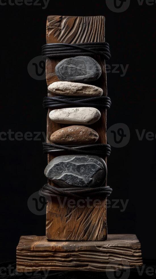 An artistic sculpture is created by combining stones and wooden blocks to display a mix of natural elements and craftsmanship, reflecting a modern art style with a variety of textures. Phone wallpaper photo