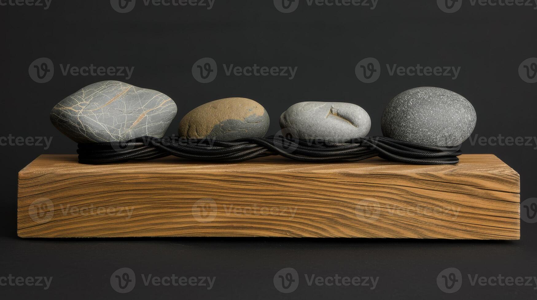 A serene sculpture with a wooden base, iron twists, and balanced stones creates tranquility by blending natural elements in a modern, minimalist design for an elegant and peaceful atmosphere photo