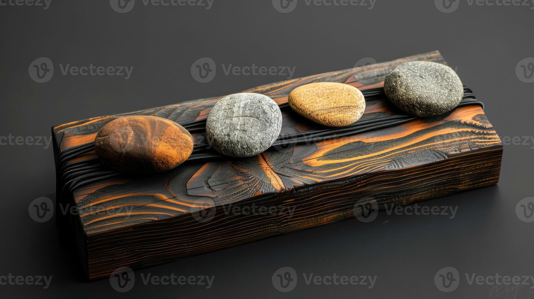 A serene sculpture with a wooden base, iron twists, and balanced stones creates tranquility by blending natural elements in a modern, minimalist design for an elegant and peaceful atmosphere photo