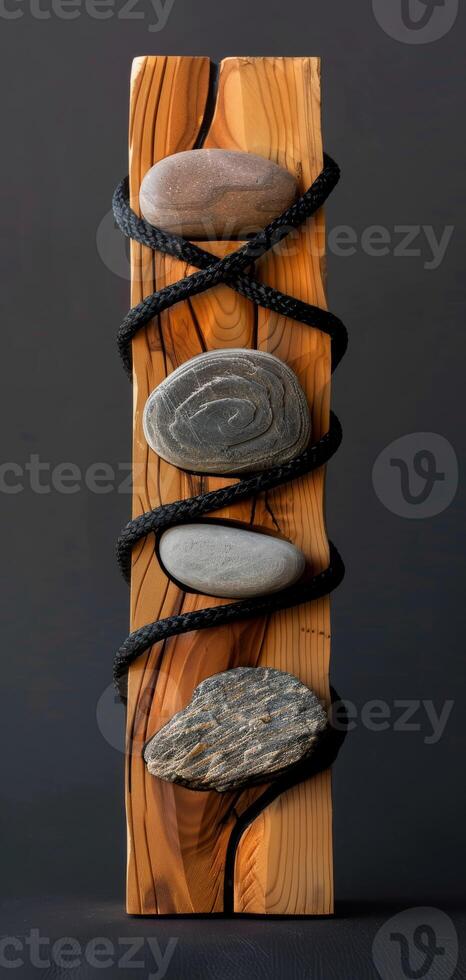 An artistic sculpture is created by combining stones and wooden blocks to display a mix of natural elements and craftsmanship, reflecting a modern art style with a variety of textures. Phone wallpaper photo