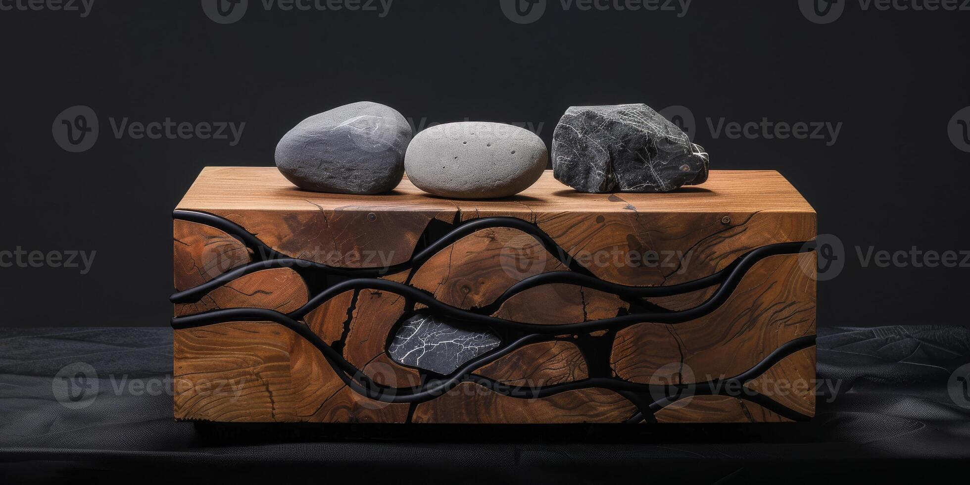 A serene sculpture with a wooden base, iron twists, and balanced stones creates tranquility by blending natural elements in a modern, minimalist design for an elegant and peaceful atmosphere photo