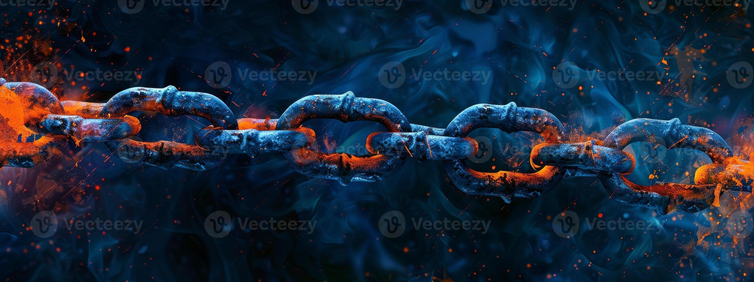 3D Rendering of metal chains in glowing blue and orange color on dark background. Grunge old broken chains, splats and stains. Concept for block chain technology, node connections. High quality photo