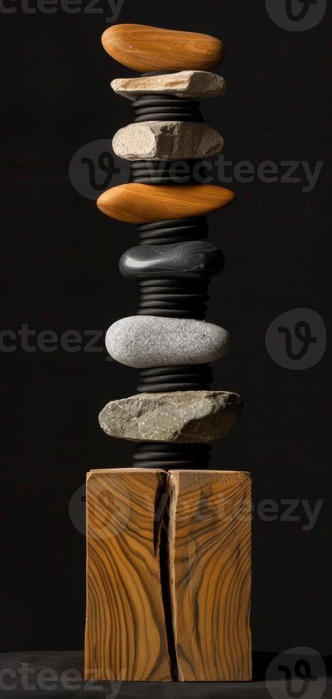 An aesthetically pleasing sculpture featuring stones stacked on a wooden base against a black backdrop, displayed vertically. The artwork in a minimalist style. Phone wallpaper photo
