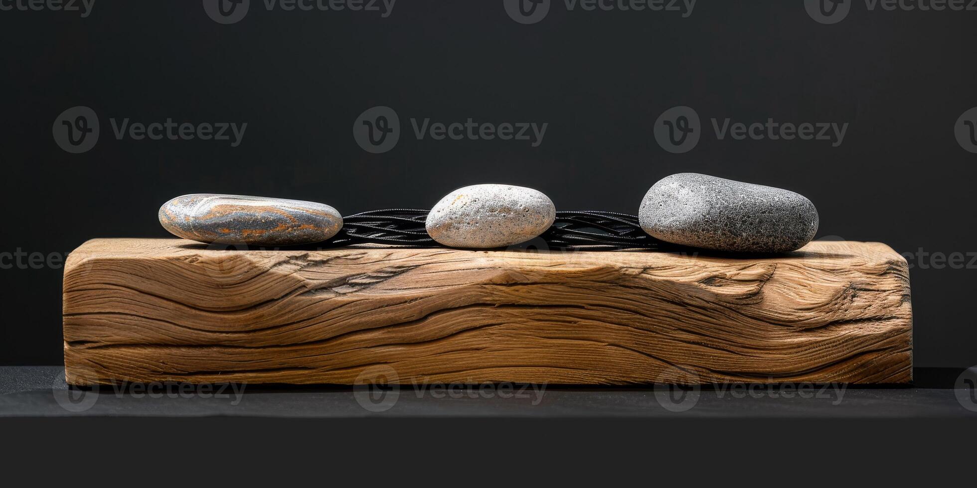 A serene sculpture with a wooden base, iron twists, and balanced stones creates tranquility by blending natural elements in a modern, minimalist design for an elegant and peaceful atmosphere photo