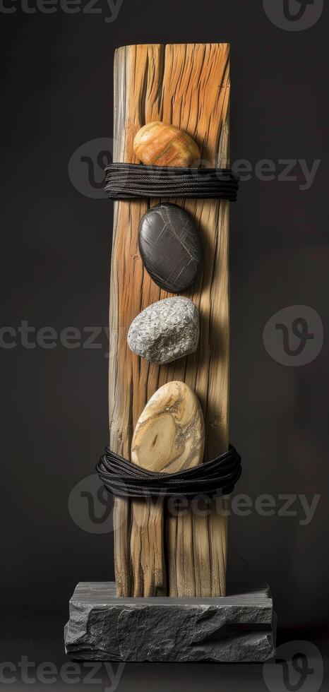 An artistic sculpture is created by combining stones and wooden blocks to display a mix of natural elements and craftsmanship, reflecting a modern art style with a variety of textures. Phone wallpaper photo