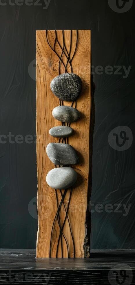 An artistic sculpture is created by combining stones and wooden blocks to display a mix of natural elements and craftsmanship, reflecting a modern art style with a variety of textures. Phone wallpaper photo