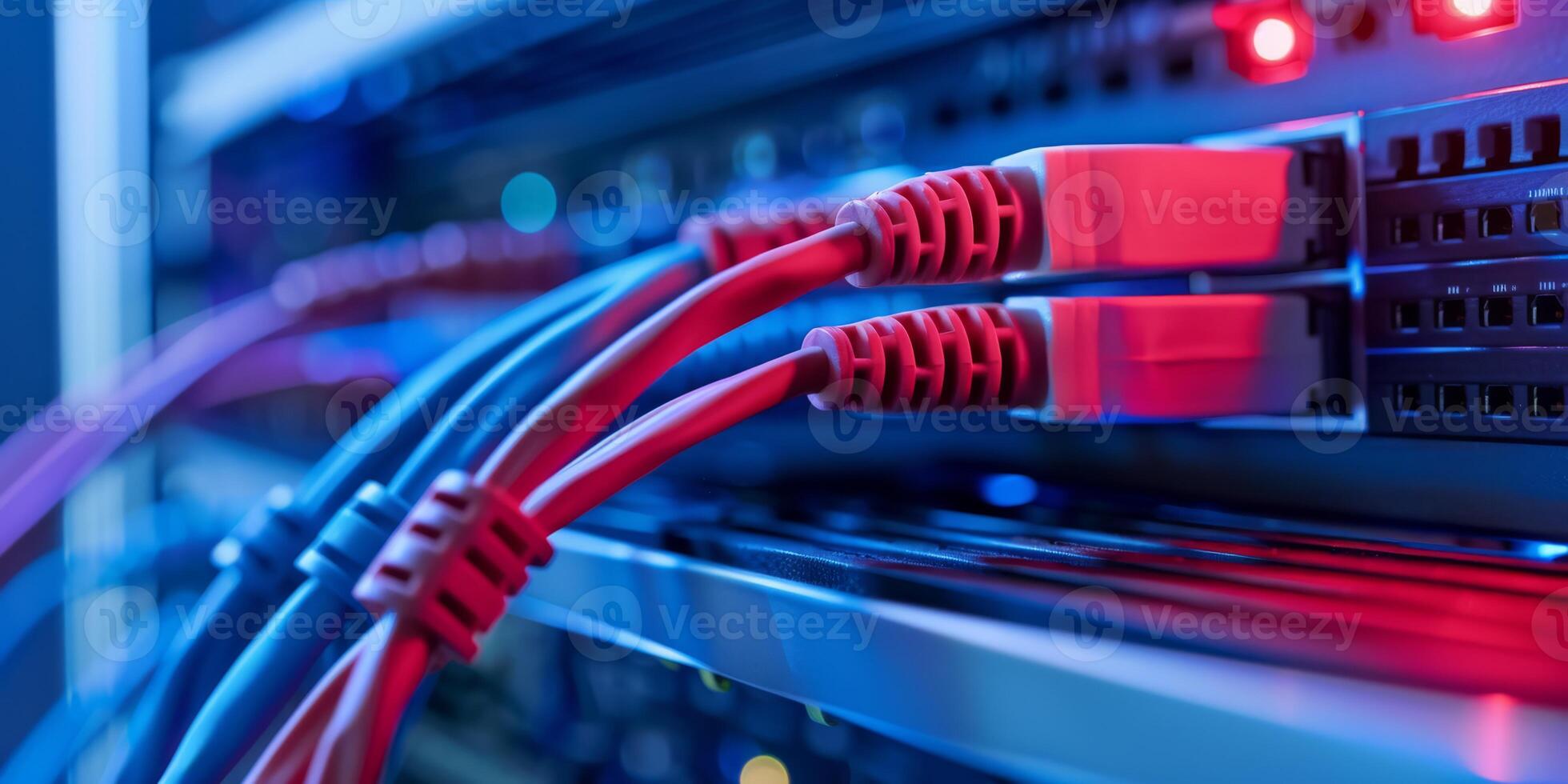 Network cables in a data center connect servers with LED lights for fast and efficient data communication photo