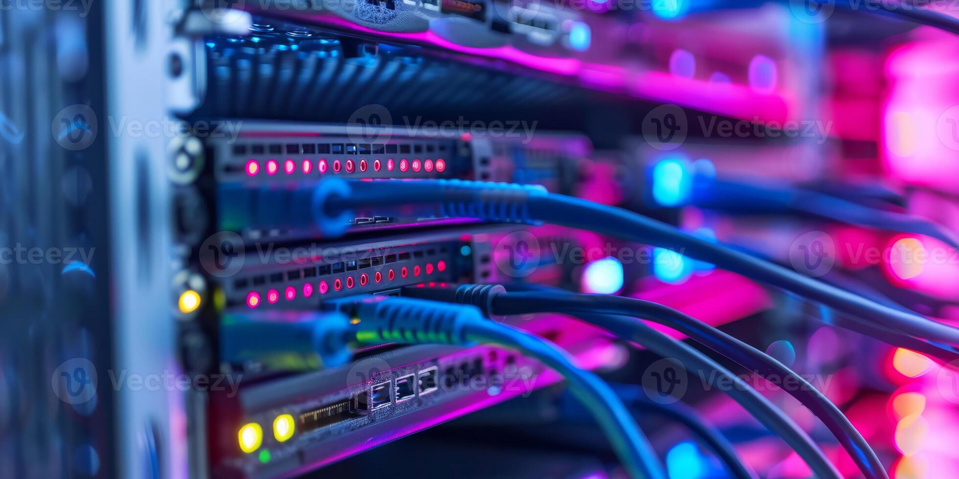 Data center cables connect to switches with bright LEDs, showing hightech connectivity and infrastructure photo