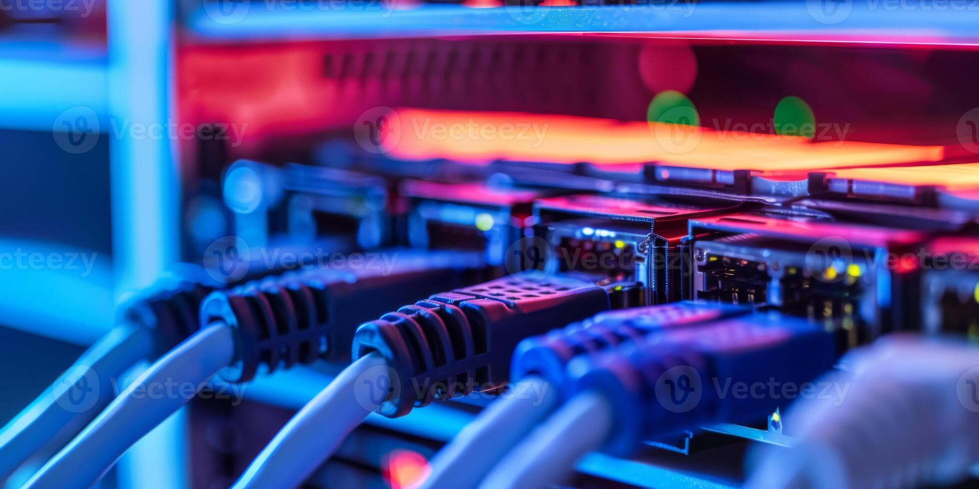 Network cables in a data center connect servers with LED lights for fast and efficient data communication photo