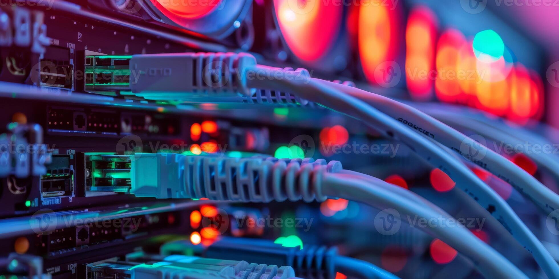 Network cables in a data center connect servers with LED lights for fast and efficient data communication photo