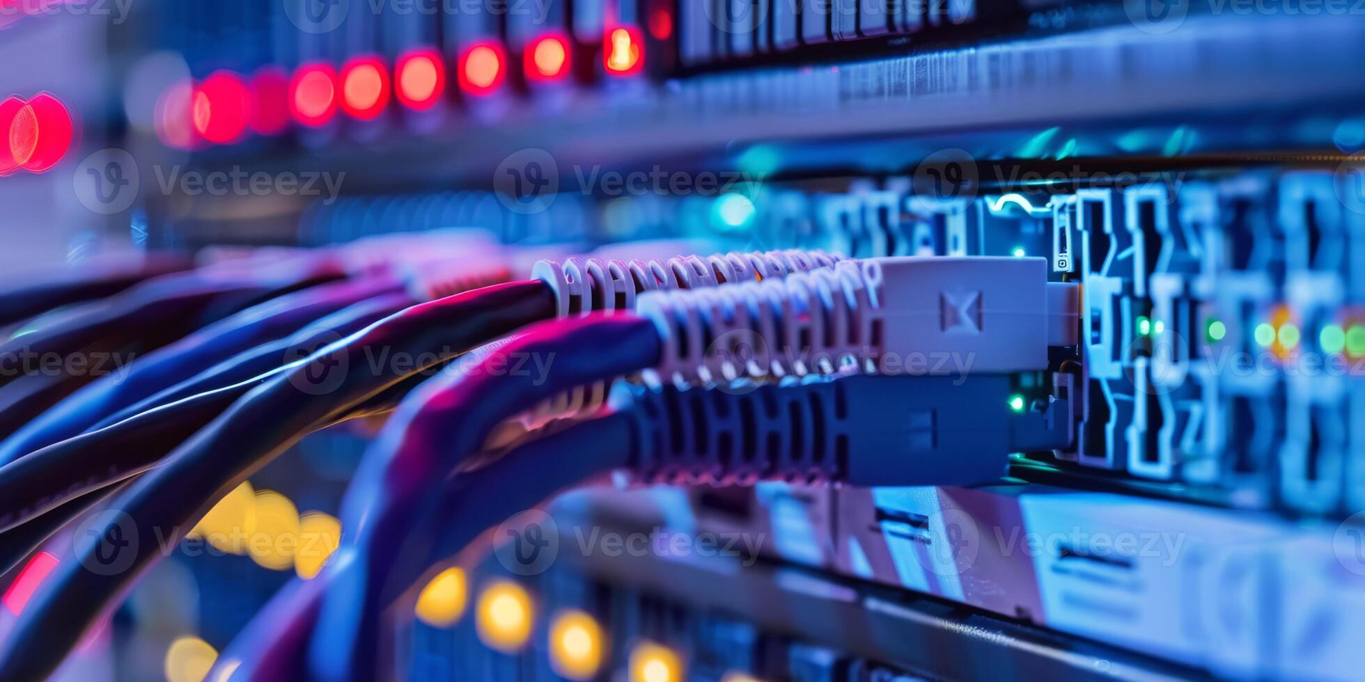 Network cables in a data center connect servers with LED lights for fast and efficient data communication photo