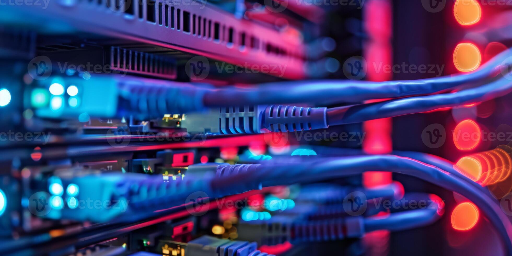 Network cables in a data center connect servers with LED lights for fast and efficient data communication photo