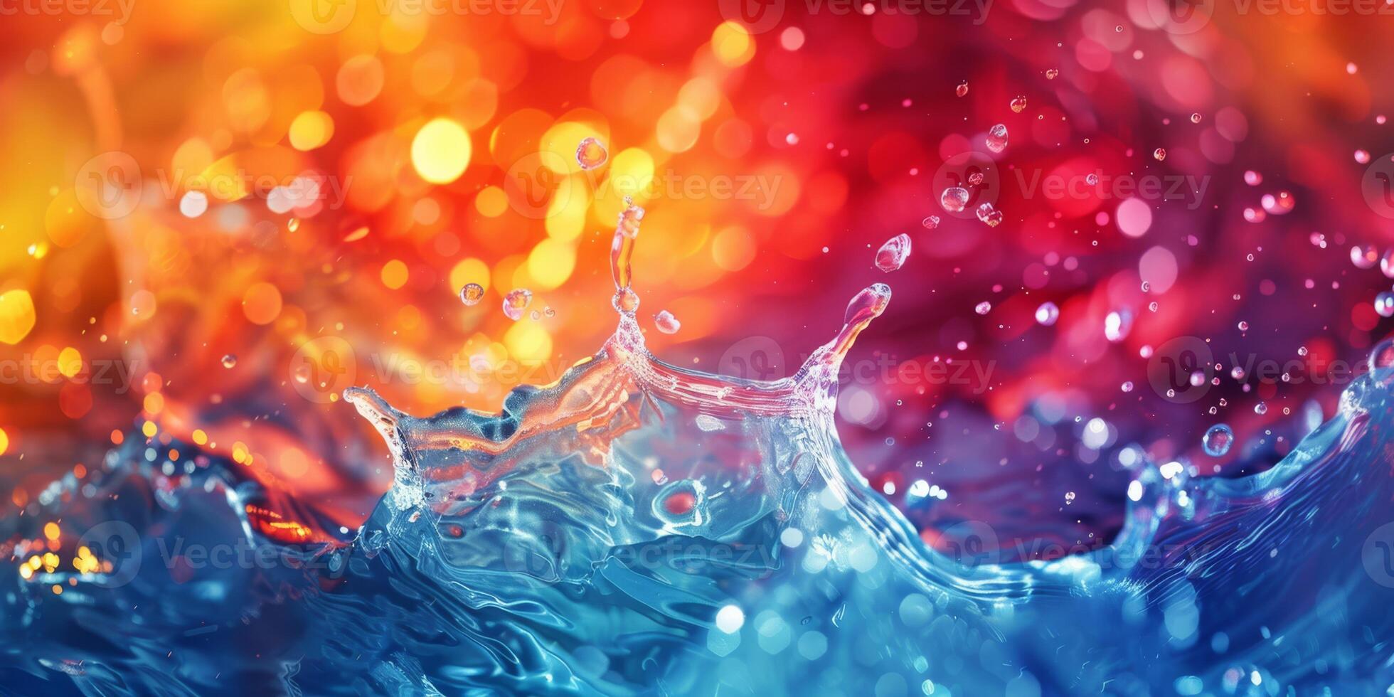 Vibrant water splash against a colorful and abstract bokeh background, perfect for dynamic projects. photo