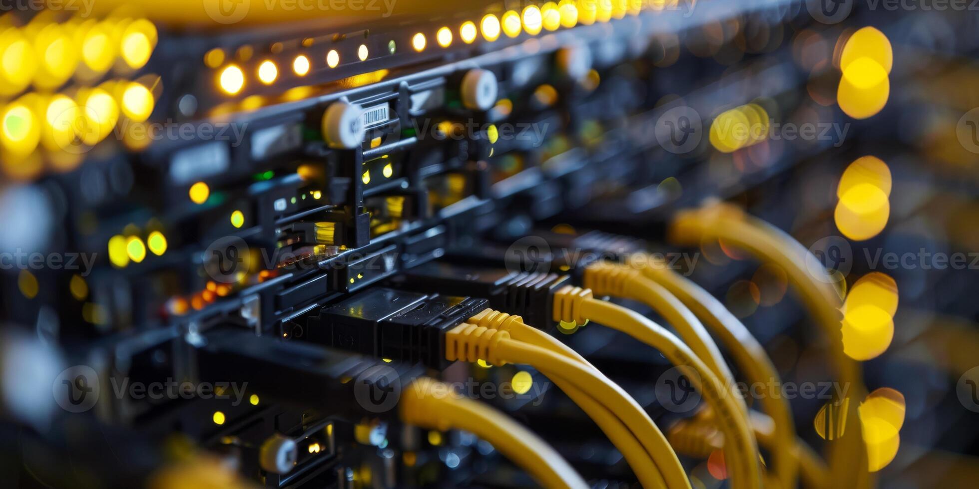 Data center with network servers, yellow cables, blinking lights, high connectivity showing modern IT infrastructure photo