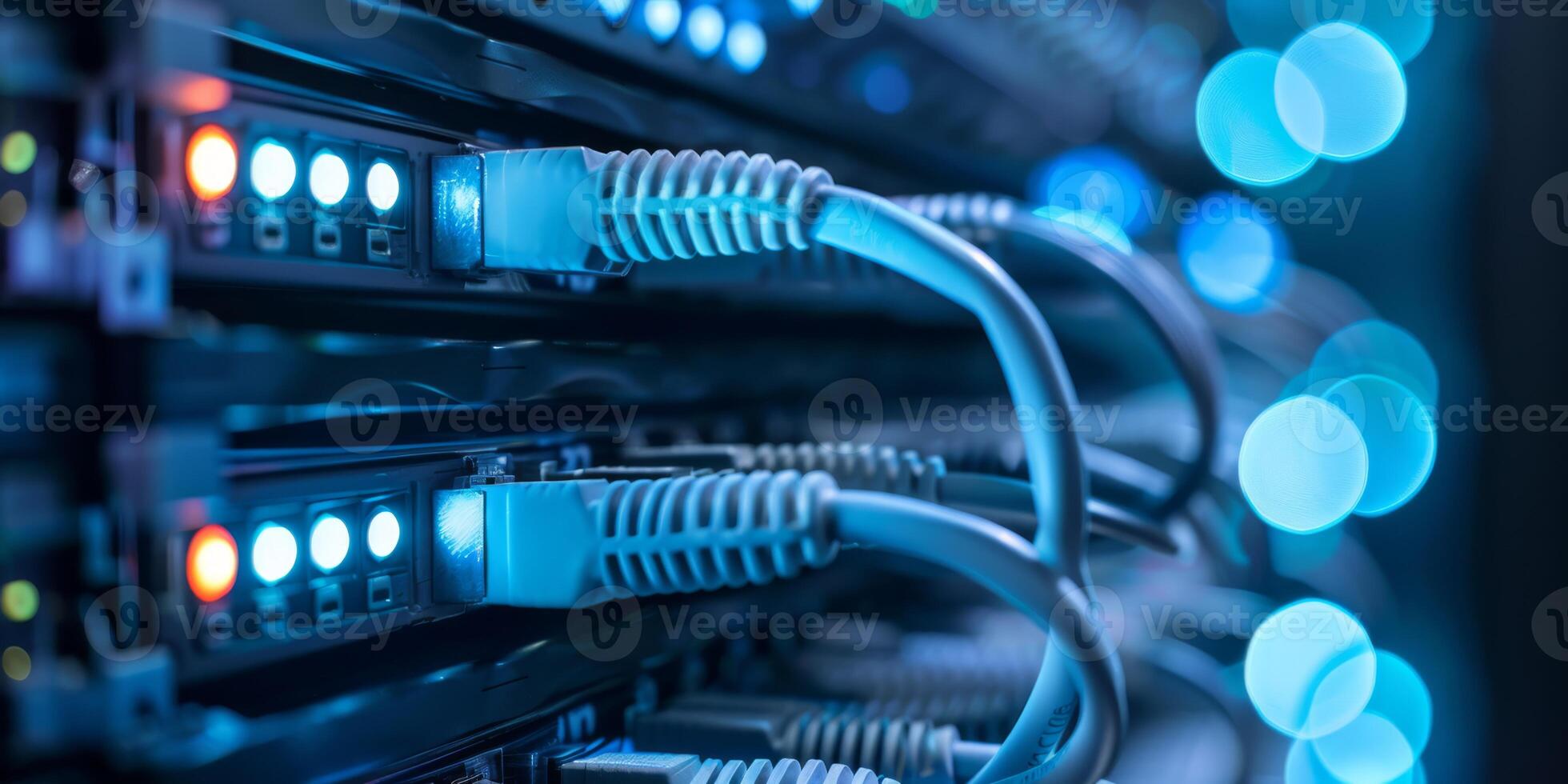 Closeup of Ethernet cables connected to a server with glowing LED lights, representing data connectivity. photo