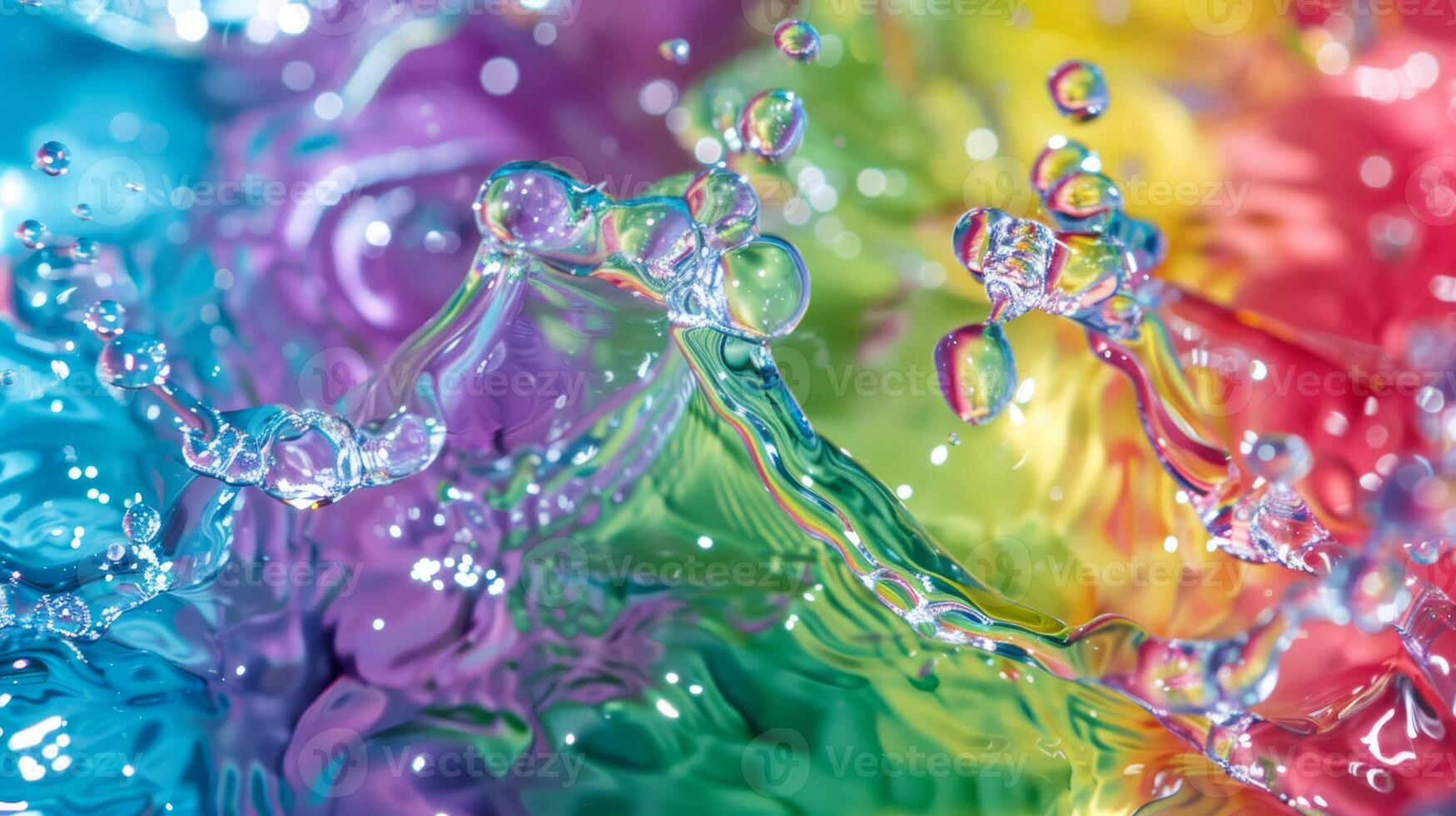 Lively abstract image of colorful rainbow water splashes and bubbles blending in a dynamic composition. photo