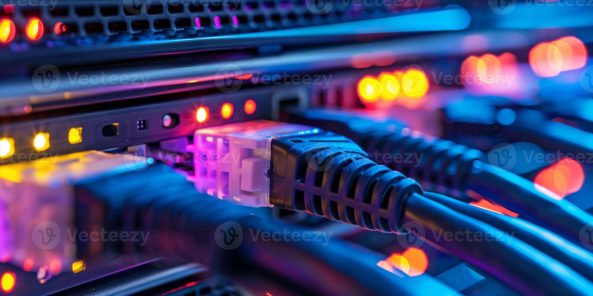 Network cables in a data center connect servers with LED lights for fast and efficient data communication photo