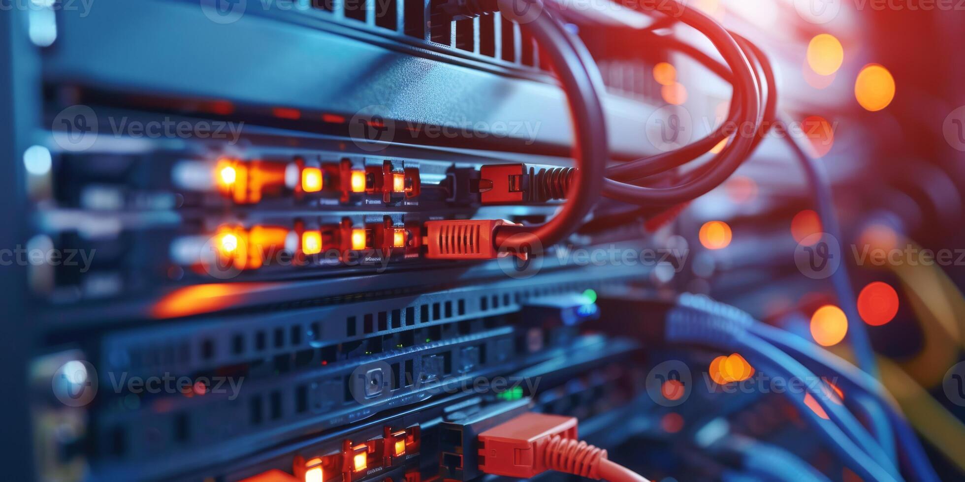 Closeup of Ethernet cables connected to a server with glowing LED lights, representing data connectivity. photo