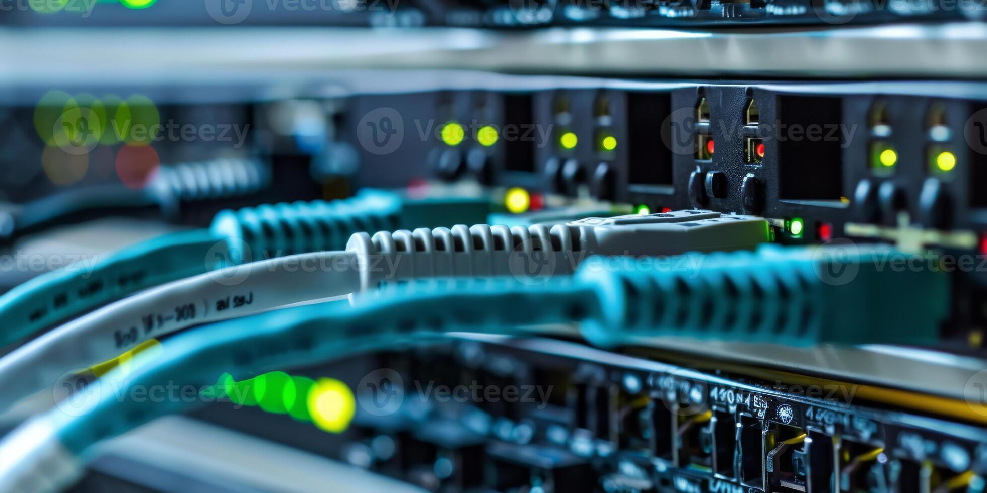 Closeup of Ethernet cables connected to a server with glowing LED lights, representing data connectivity. photo