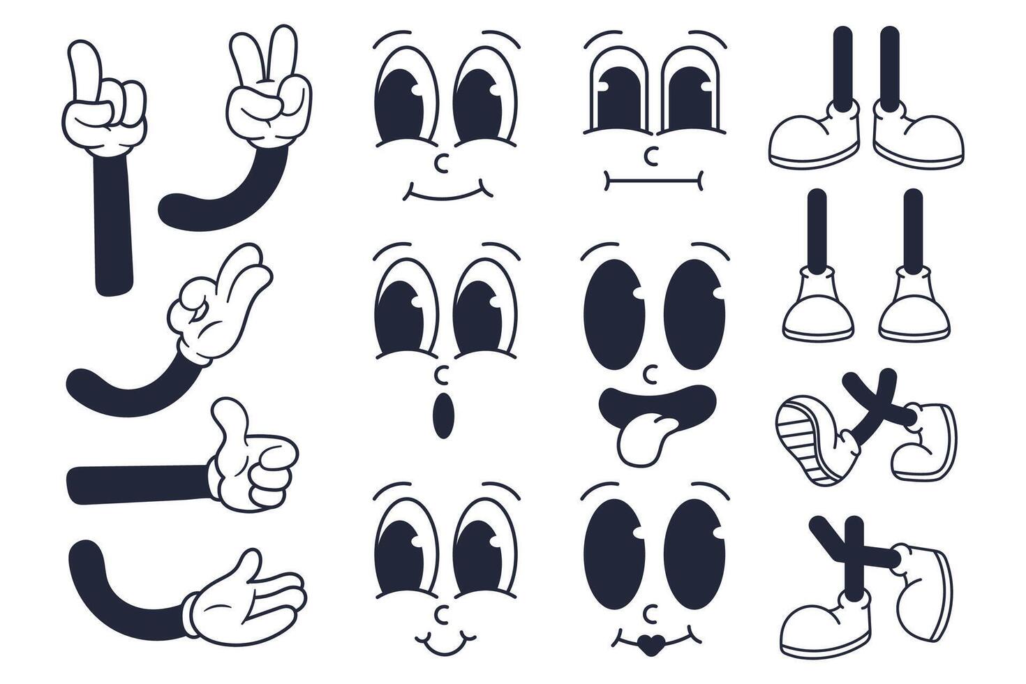 Set of Vintage Cartoon Character Body Parts and Facial Expressions Collection. Retro Hand drawn design illustration vector