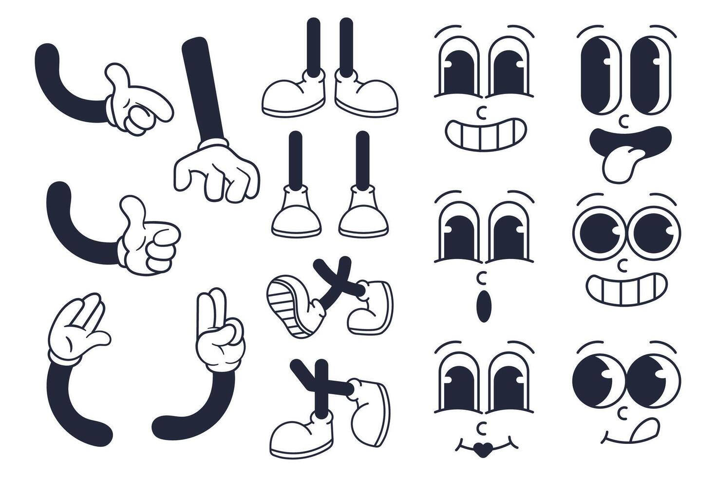 Retro Vintage Set of Cartoon Character Design Elements. Eyes, Hands, and Feet vector