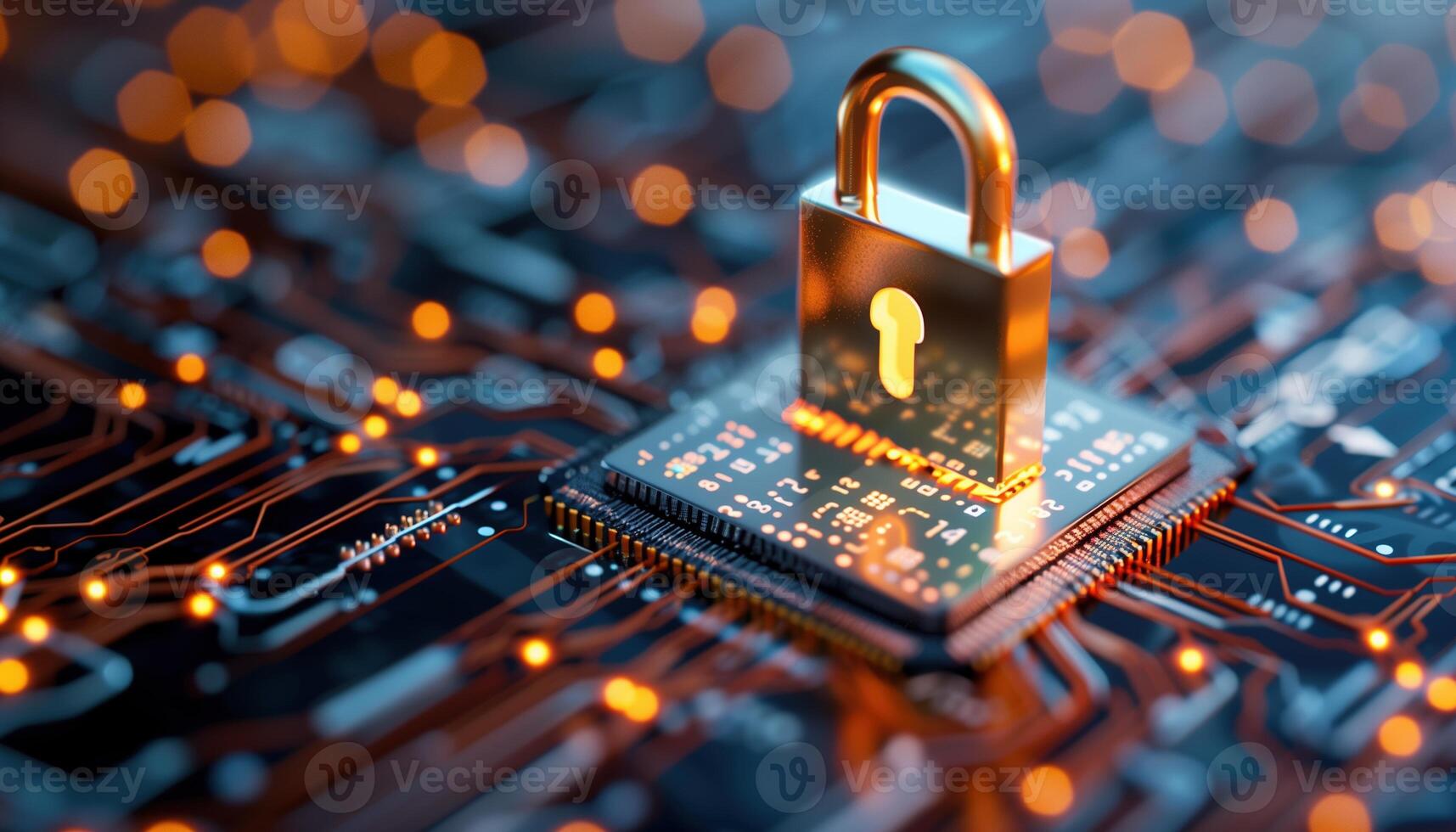 Digital Security Lock on Microchip Circuit Board in Futuristic Technology Setting photo