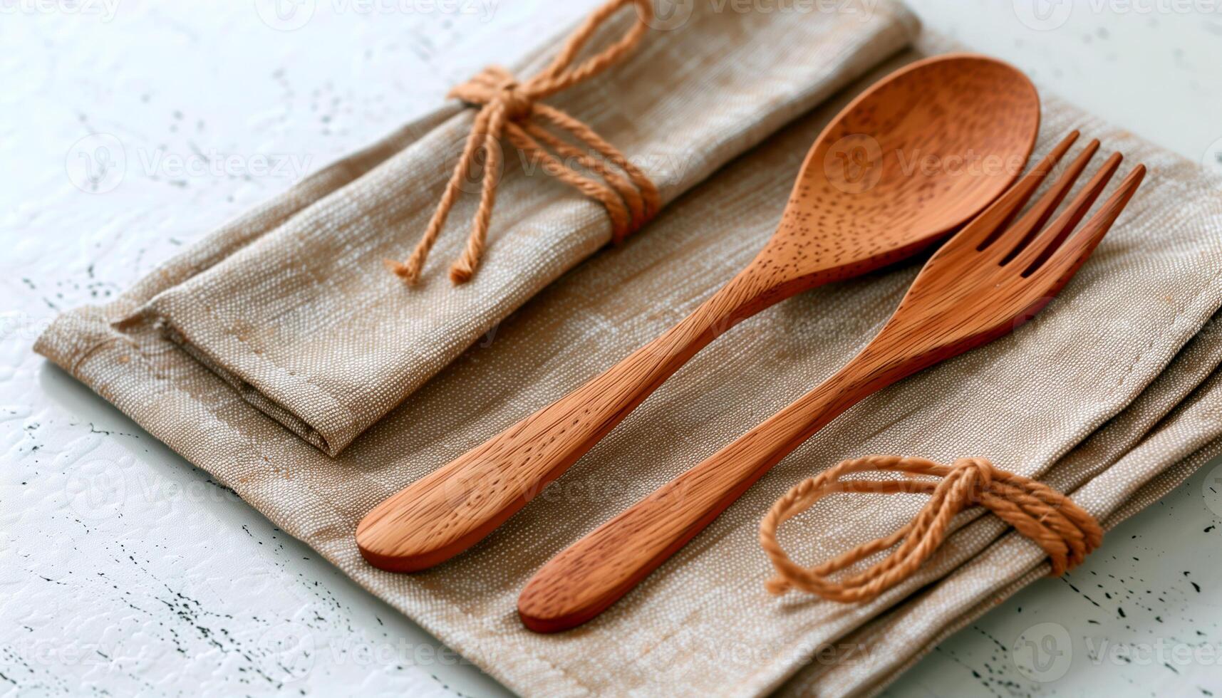 Wooden Spoon and Fork on Linen Napkin photo