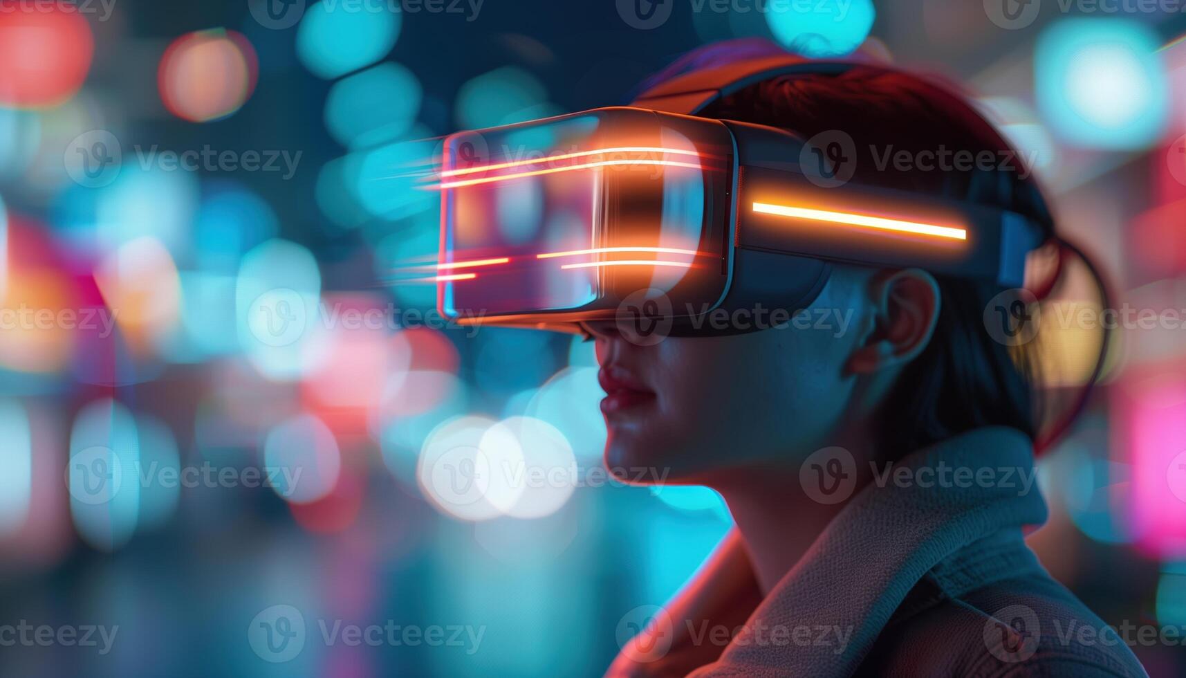 Immersive Virtual Reality Experience in Futuristic Night Cityscape photo