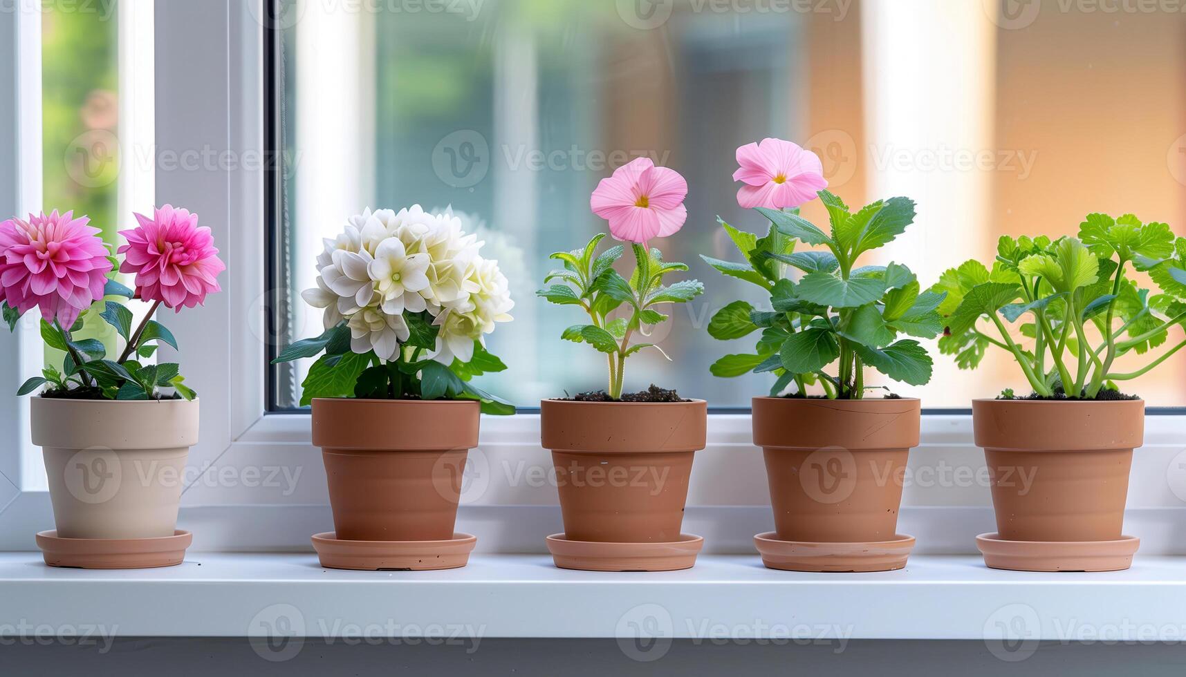 Vibrant Flowers and Lush Greenery in Terracotta Pots by Sunlit Window photo