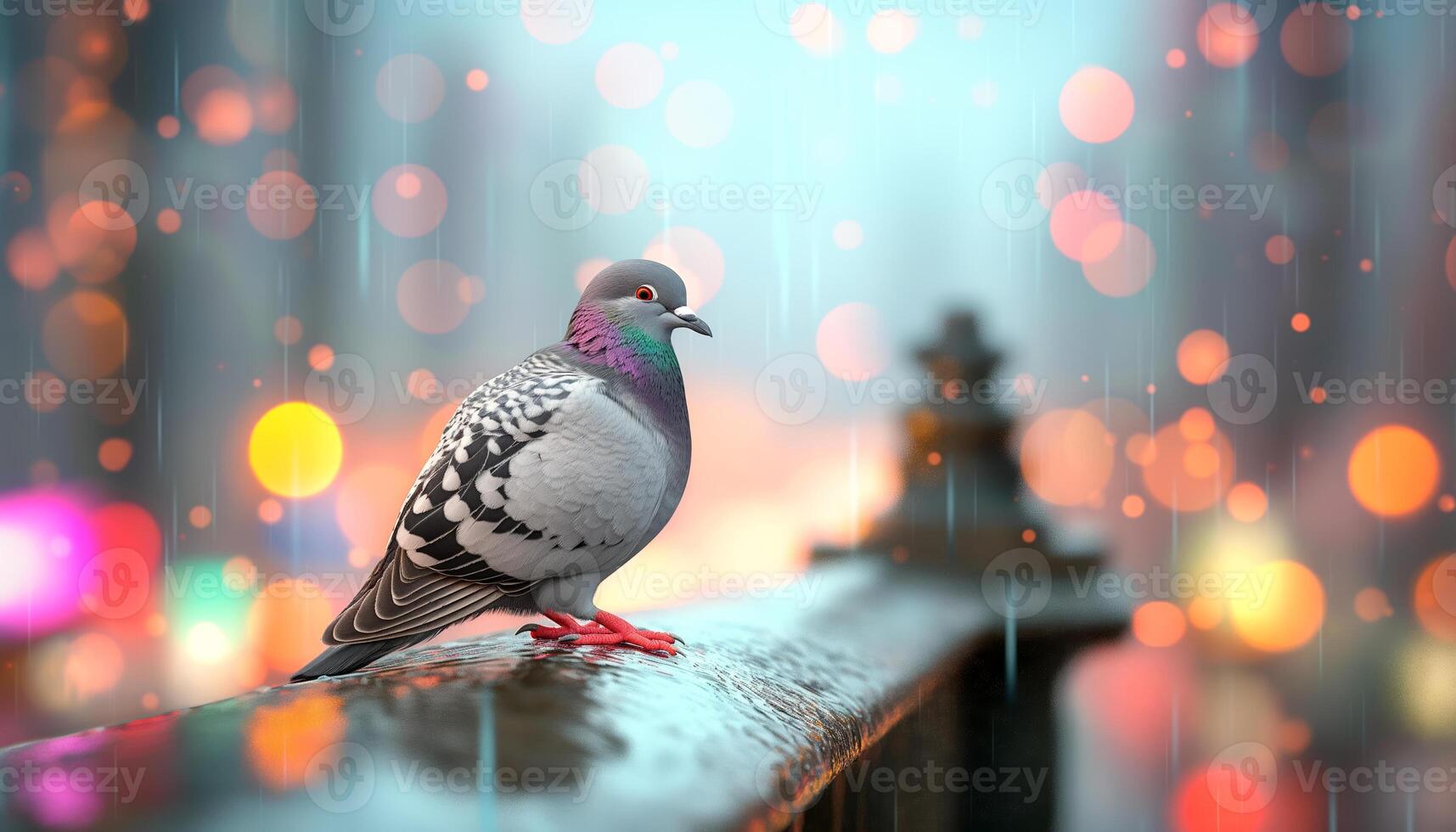 Pigeon Perched on a Railing in the Rain photo