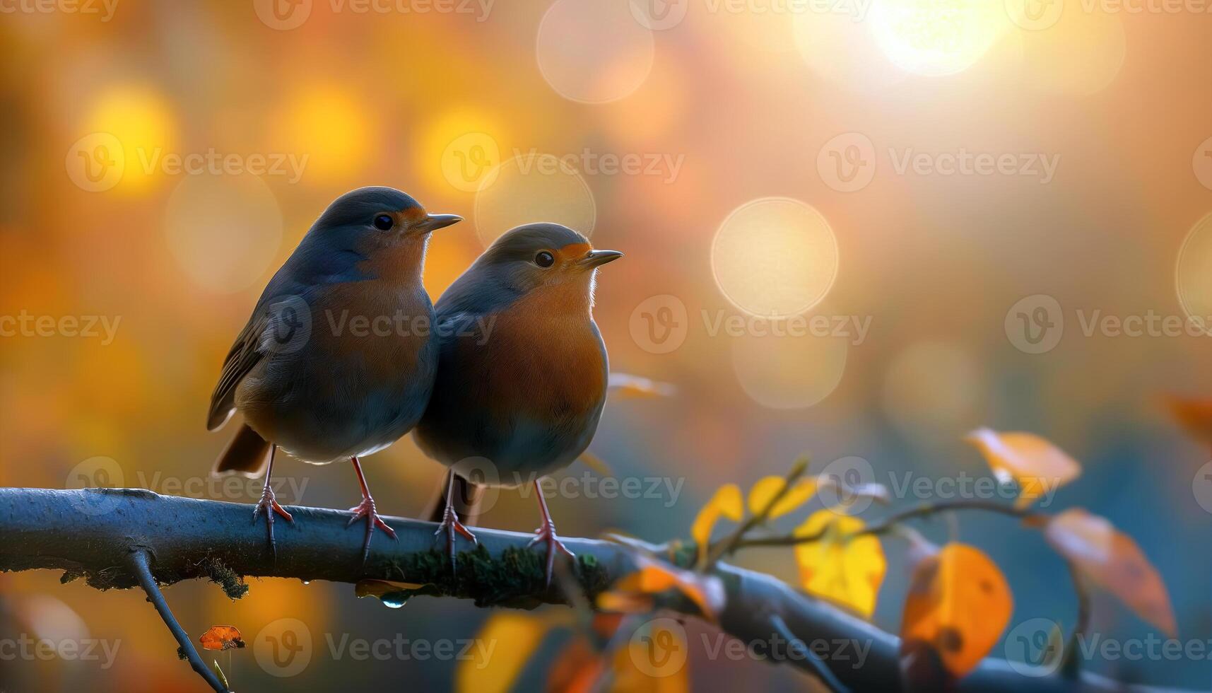 Two Robins Perched on a Branch in Autumn photo