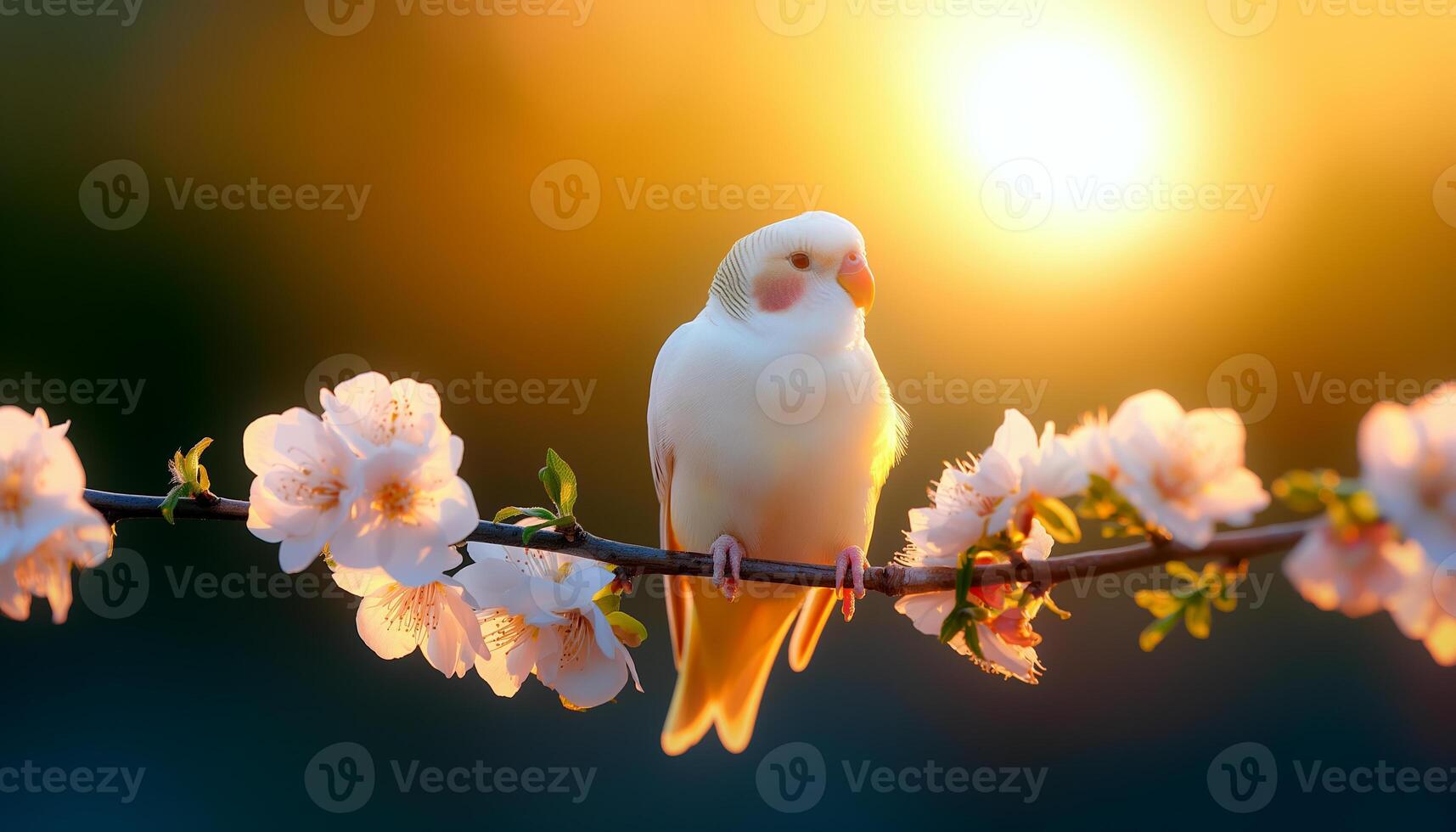 Parakeet Perched on a Branch with Blossoms at Sunset photo