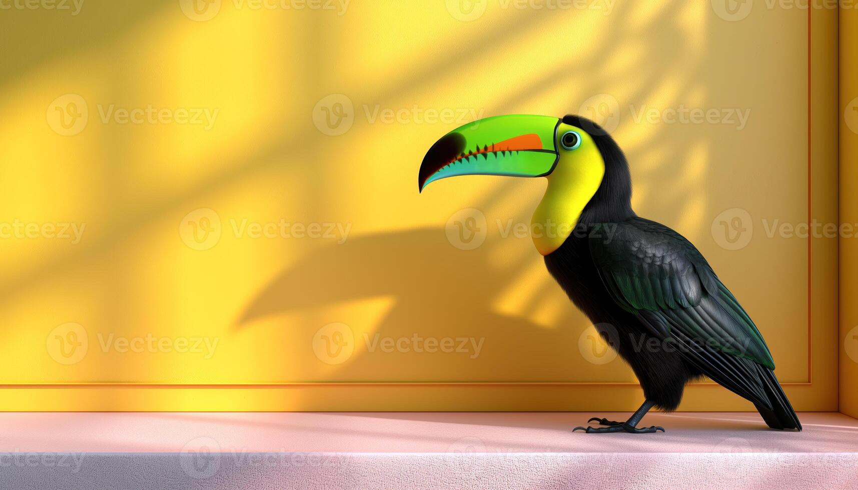 Toucan on a Yellow Wall with Pink Shelf photo