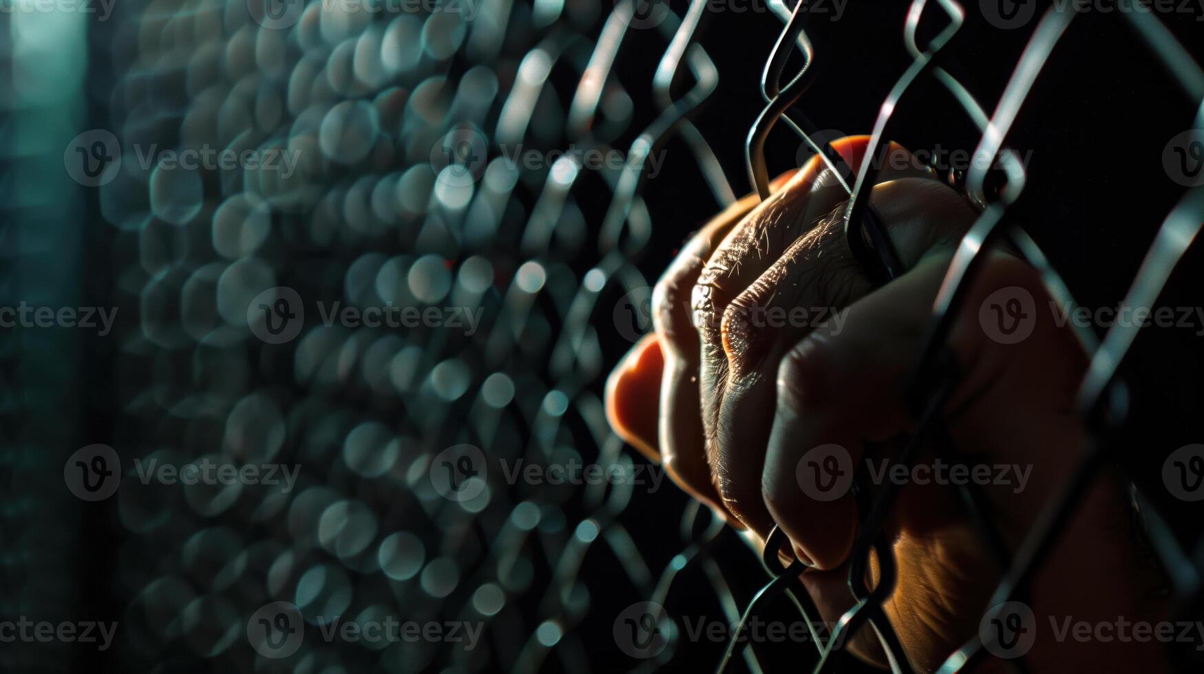 Hand gripping chain-link fence in dramatic lighting, symbolizing confinement or struggle photo