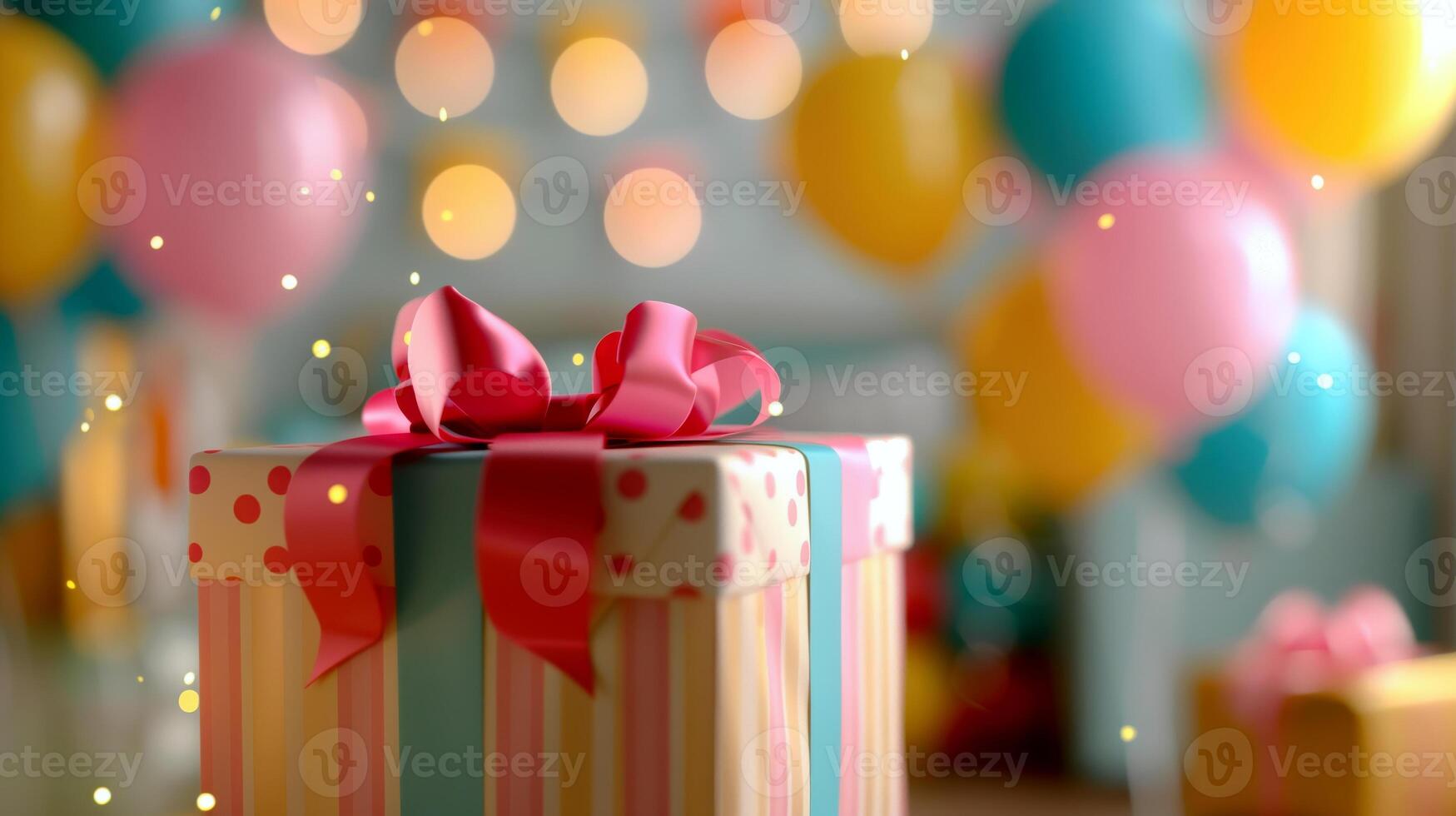 Festive Celebration with Colorful Balloons and Wrapped Presents, Warm Bokeh photo