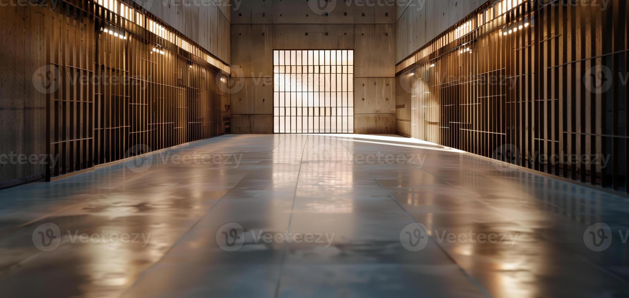 A Silent Reflection of Sunlit Prison Cell with Gleaming Floors photo
