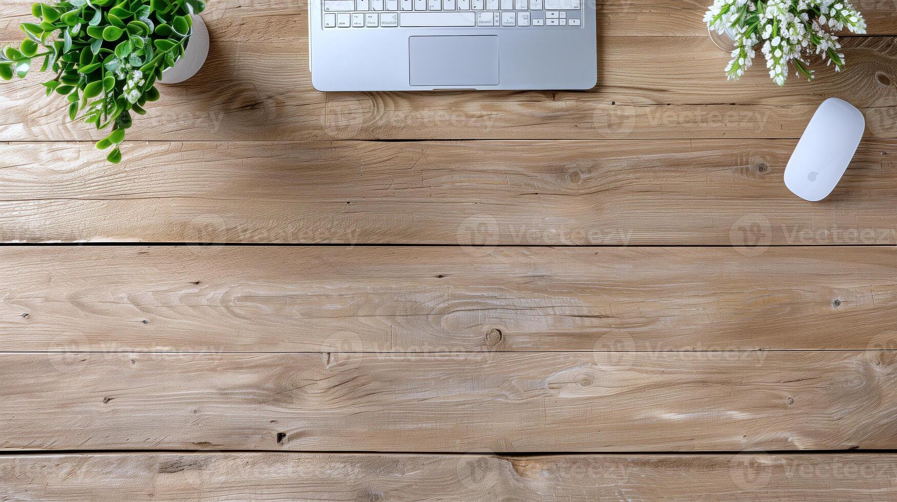 Minimalist Wooden Workspace with Laptop, Plants, and Mouse photo