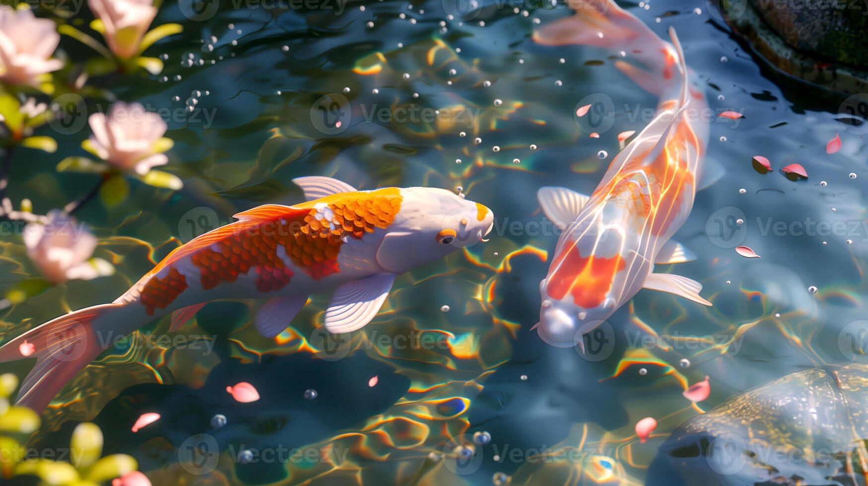 Graceful Koi Fish in a Tranquil Pond Surrounded by Blossoms photo
