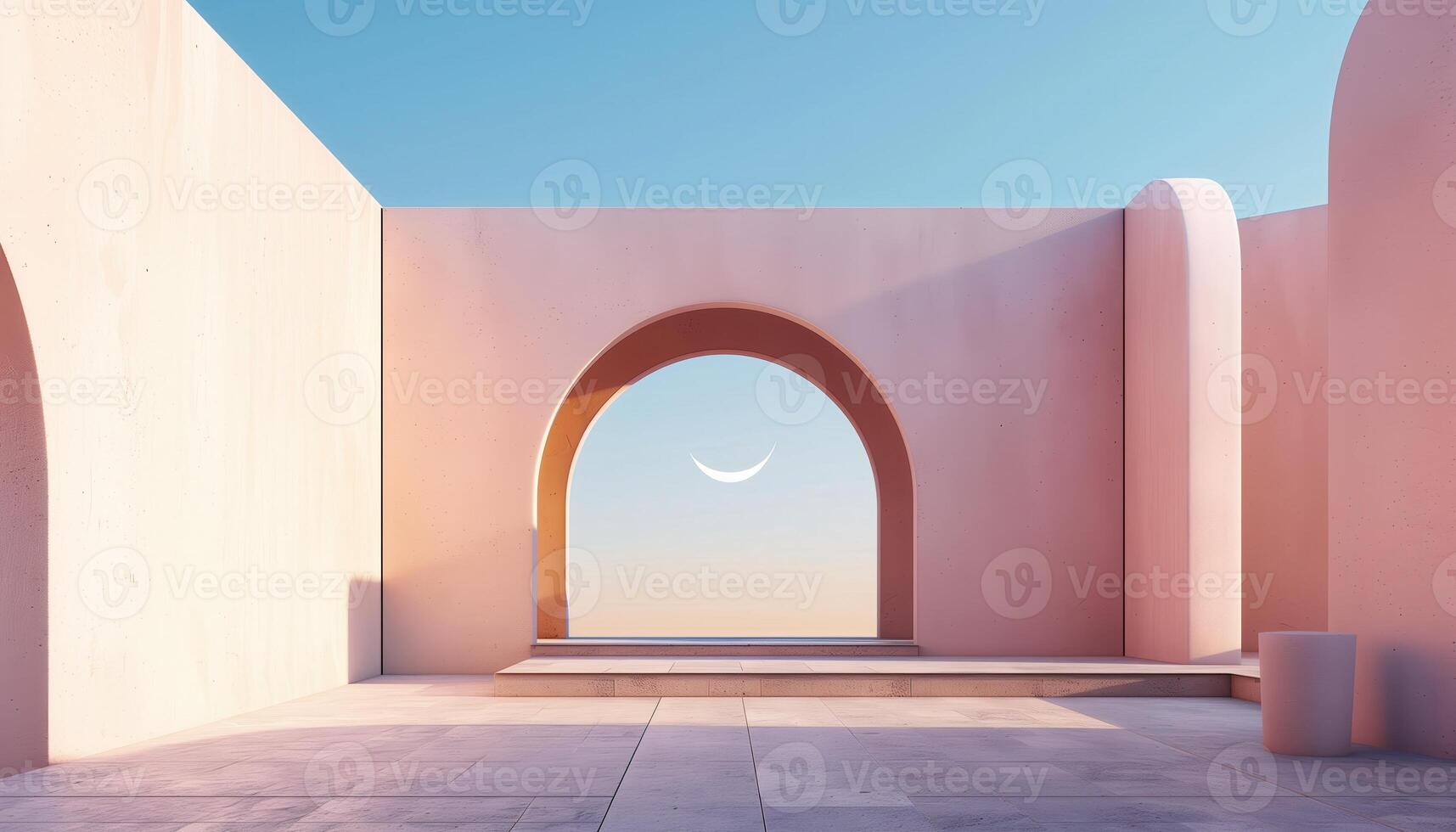 Minimalist Architectural Scene with Crescent Moon and Soft Pastel Colors photo