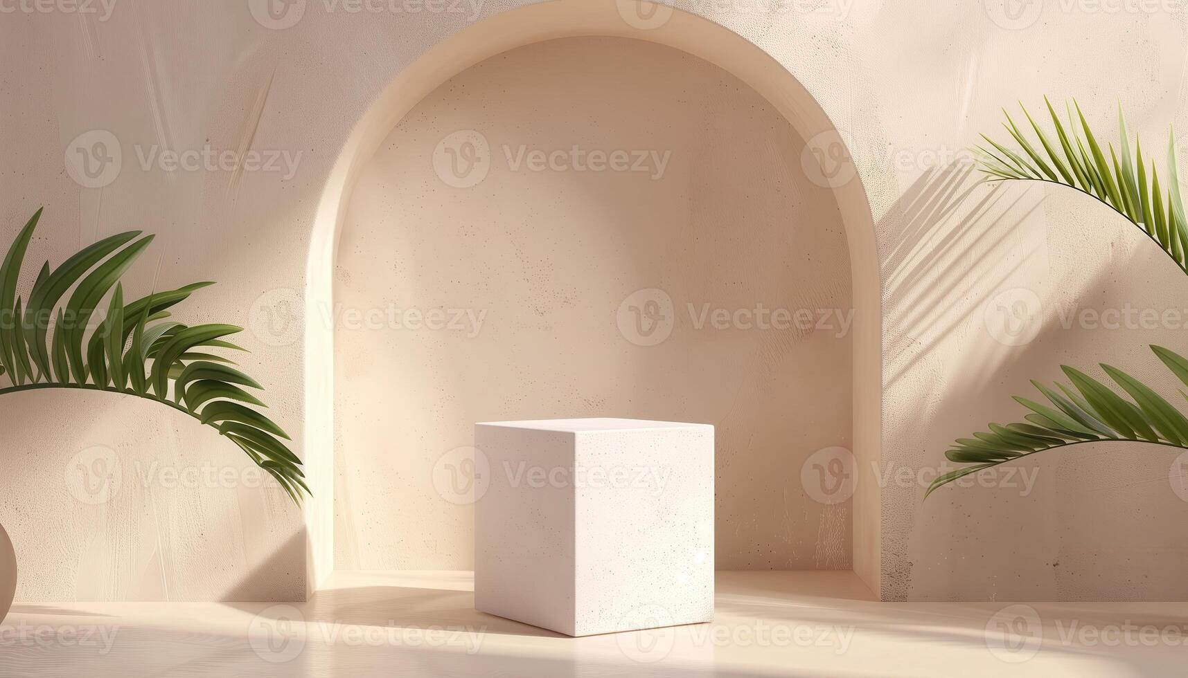 Minimalist Archway with Cube and Tropical Plants in Sunlit Room photo