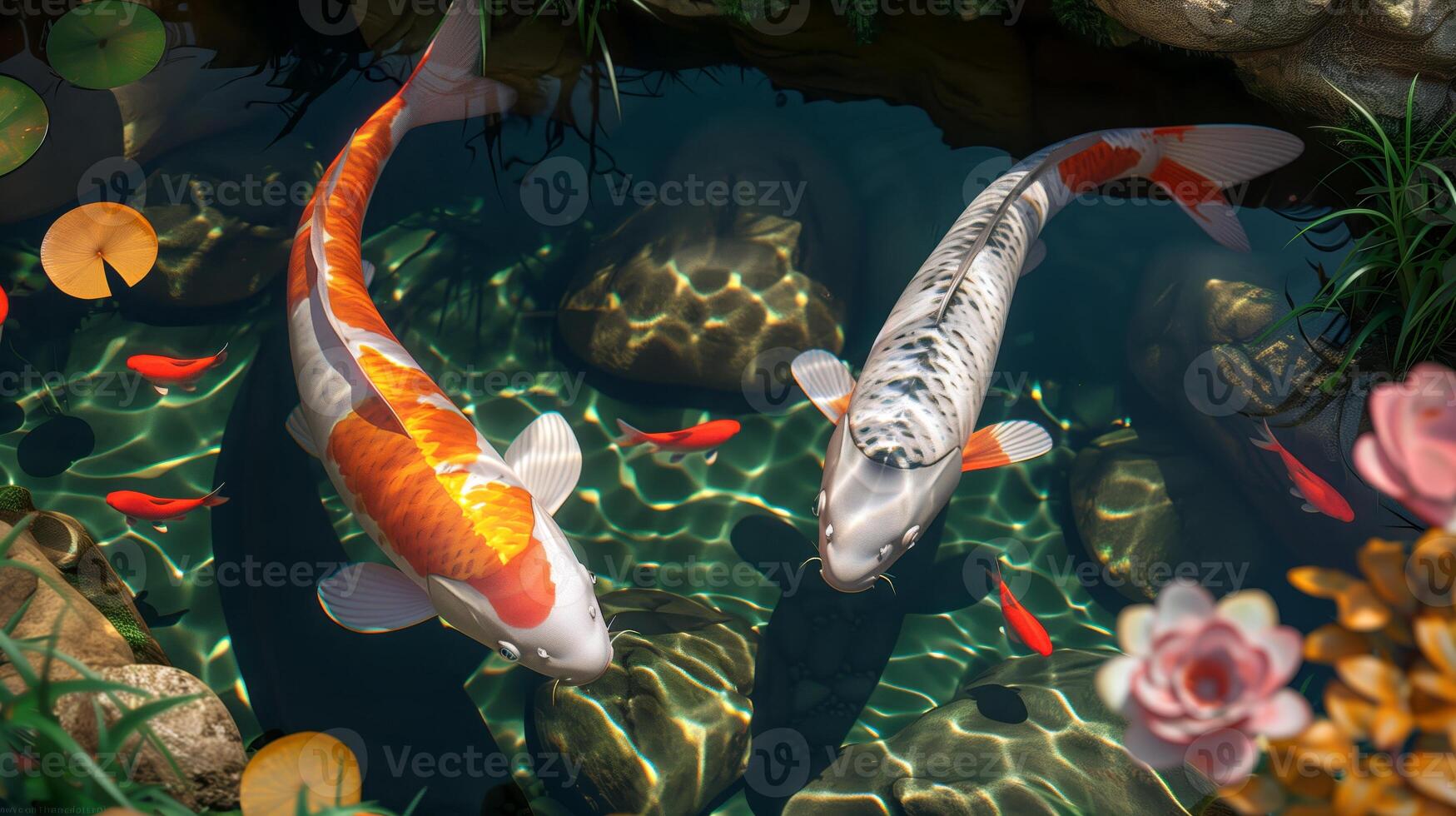 Serene Koi Pond with Blossoms and Lush Greenery in Sunlight photo