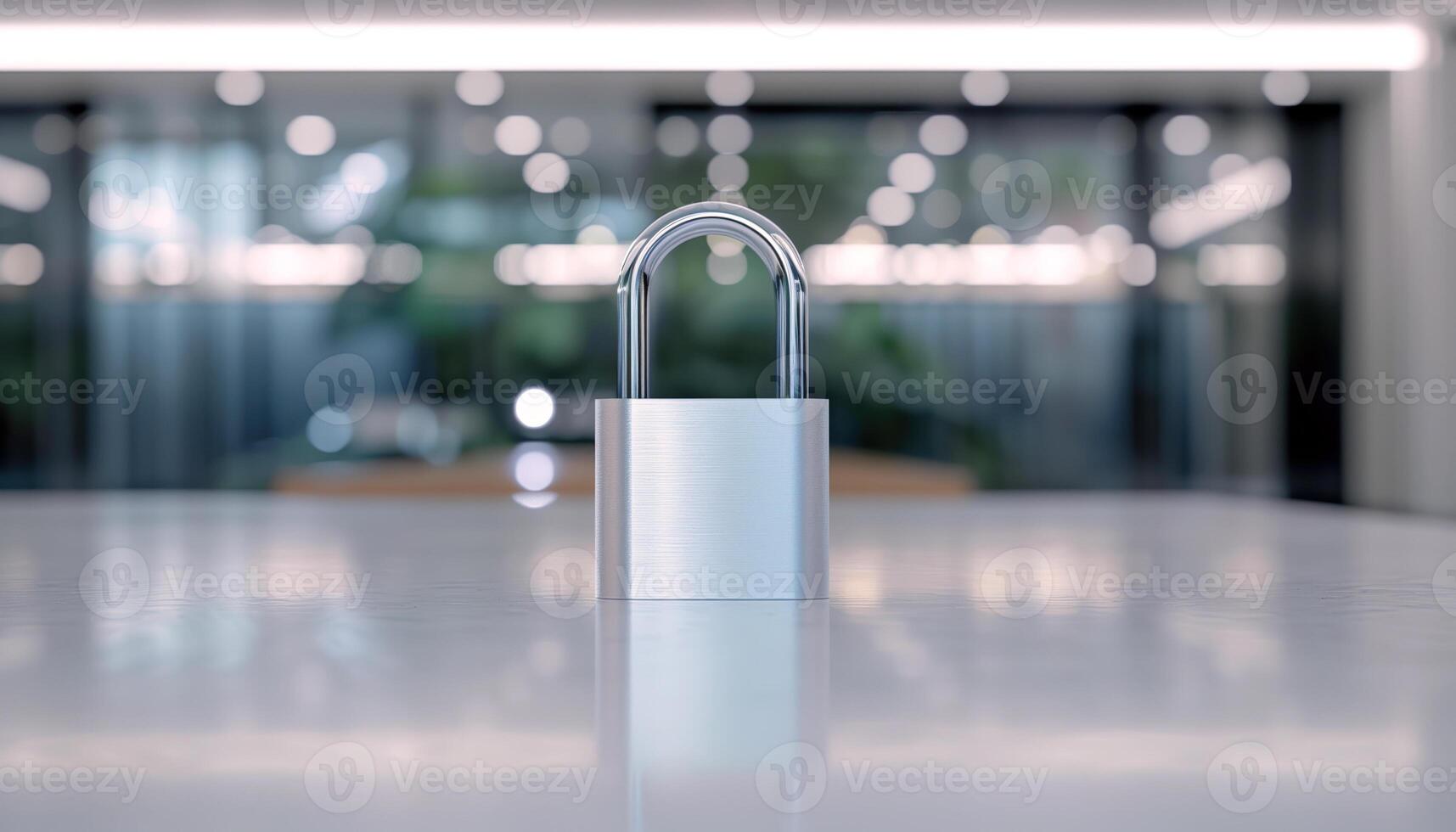 Sleek Metallic Padlock on Modern Table in Minimalistic Secure Environment photo