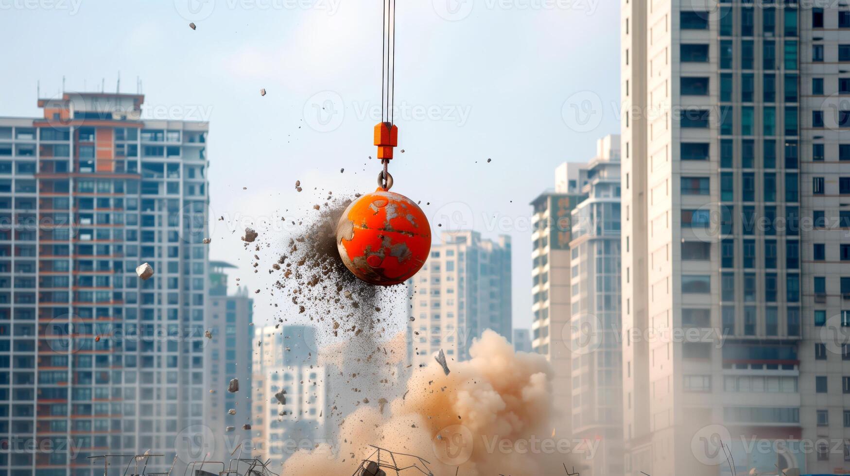 Destruction of Building with Wrecking Ball Amidst Modern Cityscape photo