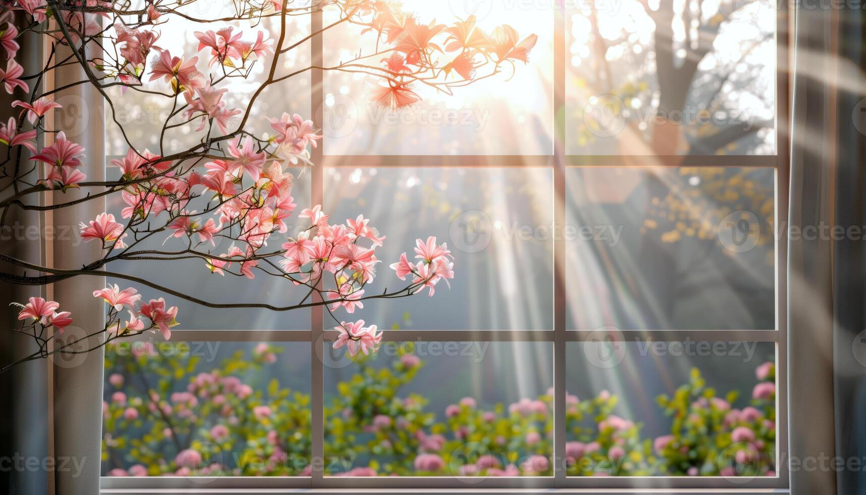 Sunlit Blossoms Through Window on a Bright Morning with Pink Flowers photo