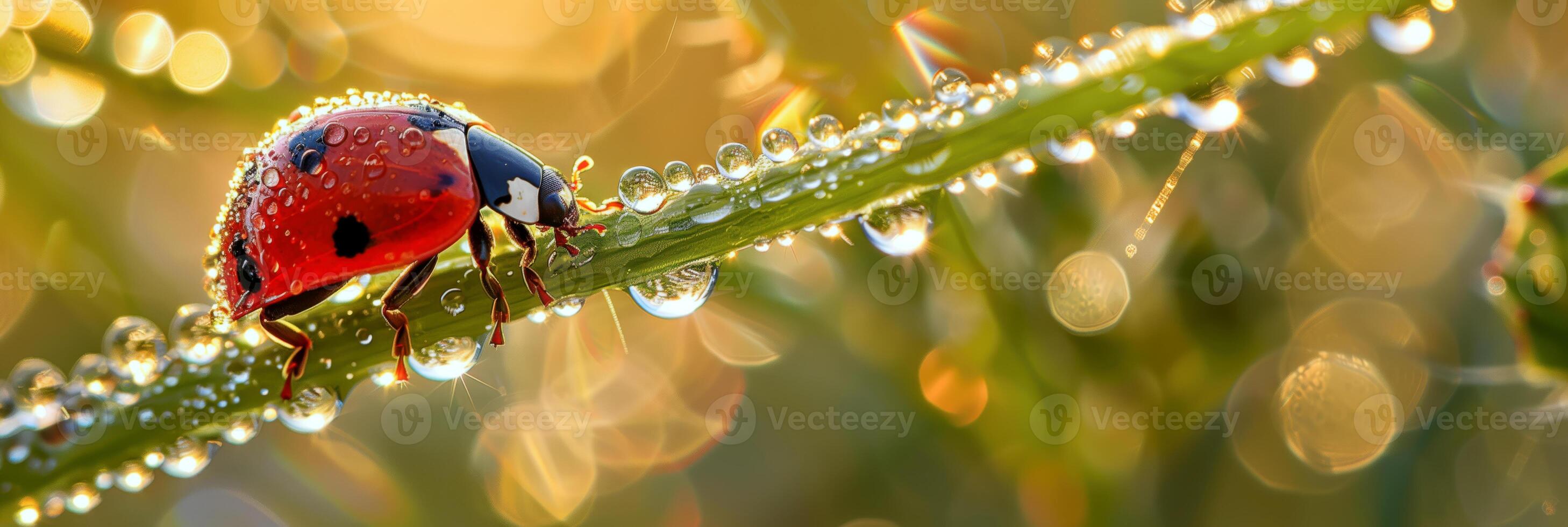 Dew-covered Ladybug on a Sunlit Blade of Grass in Macro Photography photo
