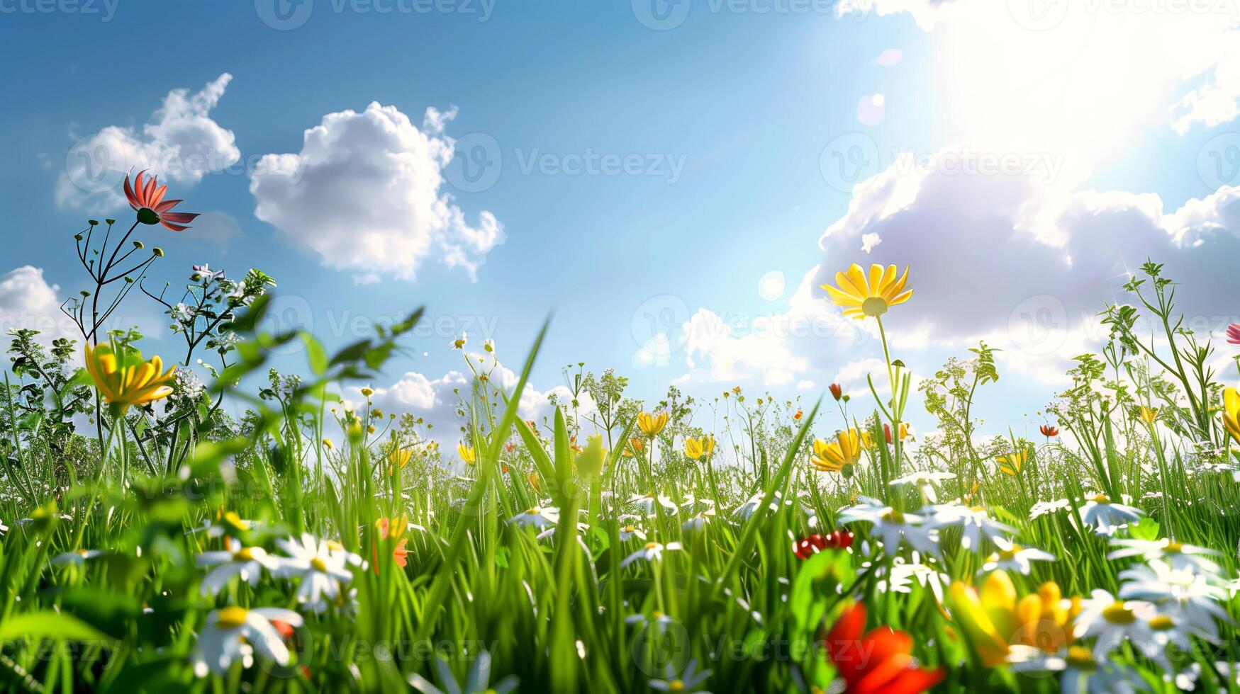 A Sunny Meadow with Colorful Flowers photo
