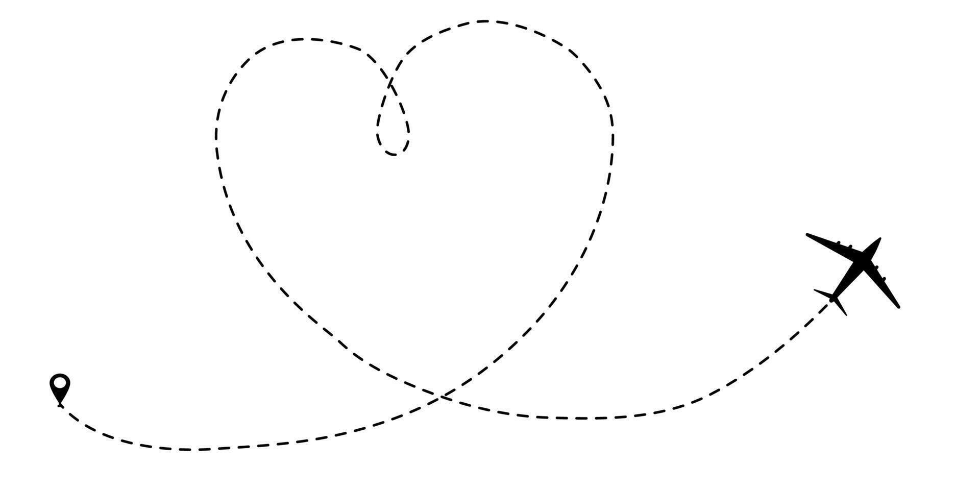 Itinerary dashed trace heart shape, line airplane flight, dotted path, romantic aircraft tracking simple minimal trip isolated on white background. Plan with start point. Tatoo. vector